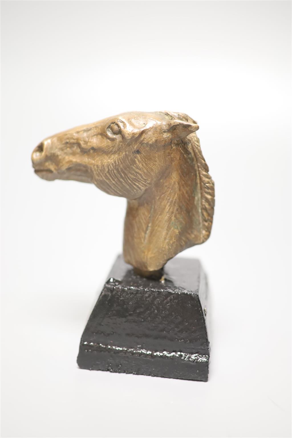 A bronze of a horses head, on stand, signed, height 12cm, and a similar cat
